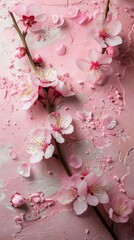 Cherry blossoms on soft color background, romantic feminine composition, wedding invitation concept.