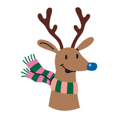 Cute Christmas deer with striped scarf. Trendy modern vector illustration isolated on white background, hand drawn, flat design