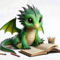 Fototapeta premium Cute Baby Dragon Reading