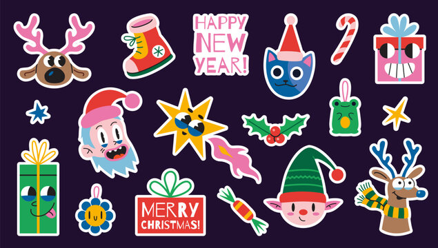 Set of trendy stickers for planner with white outline. Christmas attributes, vintage groovy characters, Santa Claus, elf, reindeer and decorative elements. Trendy modern vector illustration, flat