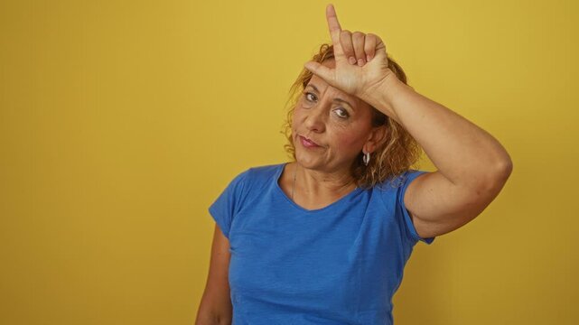 Hispanic middle age woman wearing blue t-shirt standing with loser finger gesture on forehead mocking people over isolated yellow background, insulting, teasing, and mocking losers with fingers