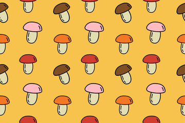 Seamless pattern with simple doodle outline mushrooms on yellow background