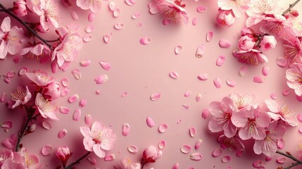 Cherry blossoms on soft color background, romantic feminine composition, wedding invitation concept.