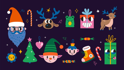 Set with Christmas attributes, vintage groovy characters, Santa Claus, elf, reindeer and festive elements. Trendy modern vector illustration in bright colors on dark background, flat design