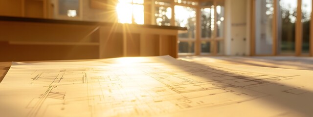 The blueprint is placed on the table in an unfinished kitchen, with sunlight streaming through the windows and highlighting details of modern home construction