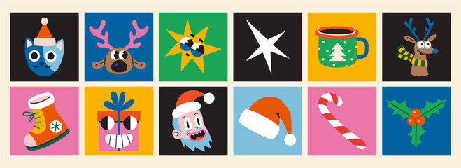Fototapeta premium Set with Christmas attributes, Santa Claus, reindeer, gifts, holly and cat. Square colorful icons, stickers collection in vibrant colors. Trendy modern vector illustration, hand drawn, flat design