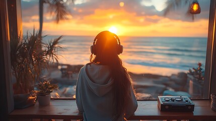 Woman listening to music with headphones while looking at sunset on the beach