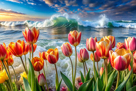 A beautiful scene of a beach with a large wave crashing in the background. A field of tulips is in the foreground, with some of them being orange and yellow. The flowers are surrounded by water