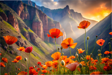 Obraz premium A field of red and orange flowers with a mountain in the background. The flowers are in full bloom and the sun is shining on them. The scene is peaceful and serene