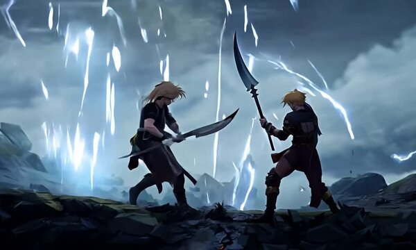 An anime character engaged in an epic sword fight with dynamic action and intense visual effects