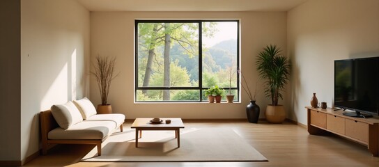 Fototapeta premium Modern minimalist isometric living room with open spaces sleek furniture and ample natural light for an airy calming vibe Muji-style