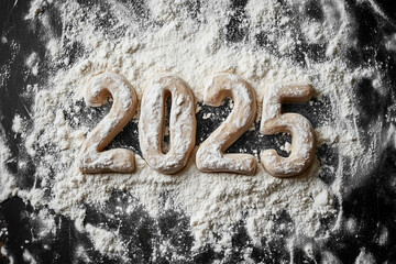 The numbers 2025 are made of dough, a black background sprinkled with flour. A template for a new year's postcard or a flyer for a bakery, flat lay.