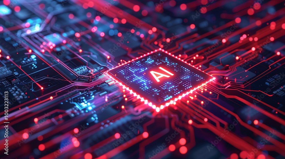 Fototapete ai futuristic digital neon glowing red computer data chip on wireframe grid circuit board. electroni