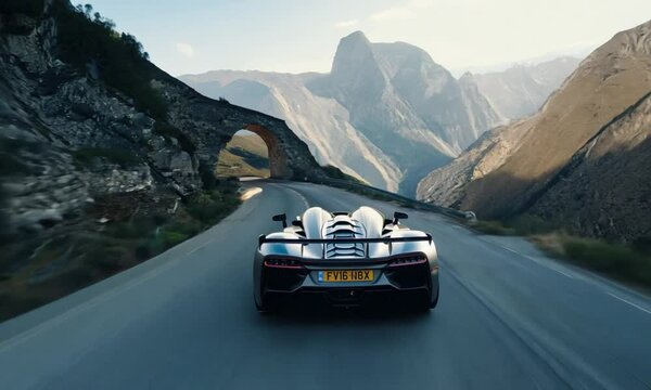 A supercar being driven through a dramatic mountain pass