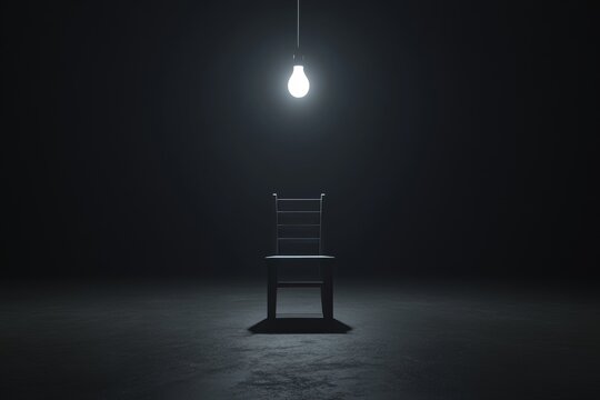 One chair in a dark room reminiscent of a torture chamber or interrogation room, banners, headers, wallpapers