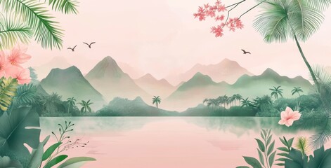 Vintage drawing of jungle and leaves in a tropical forest - wallpaper