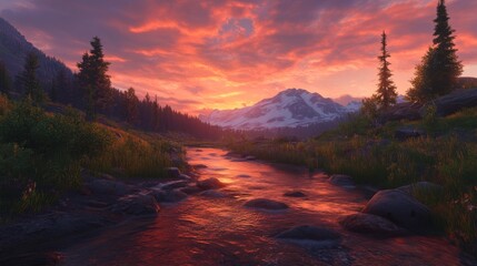 Beautiful landscape wallpaper, HD background wallpaper with the sunset over the river in Ai generative HD 8K resolution.