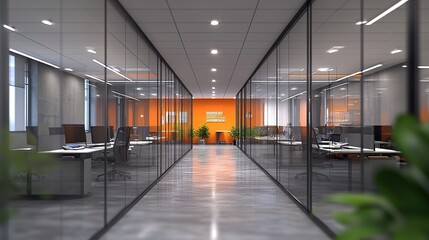 Obraz premium Beautiful blurred background of a modern office interior with panoramic windows in gray tones, glass partitions, and orange accents