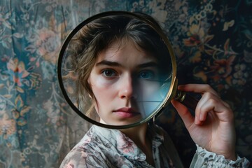 A woman is holding a magnifying glass up to her face, generative ai image