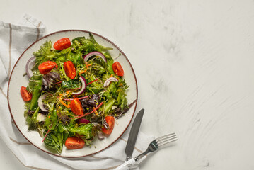 Plate with fresh vegetable salad on light background