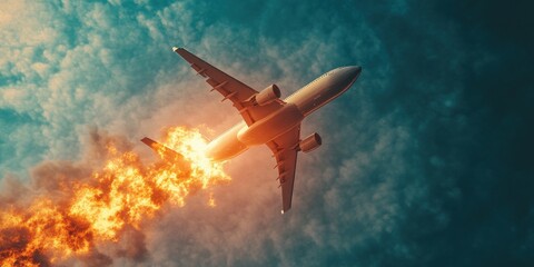 Commercial Airplane in Flight with Engine on Fire and Smoke Trail