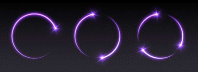 Naklejka premium Glowing purple shooting star circles with sparkles, light frames, stars in circular motion, abstract shiny rings with particles. Vector illustration.