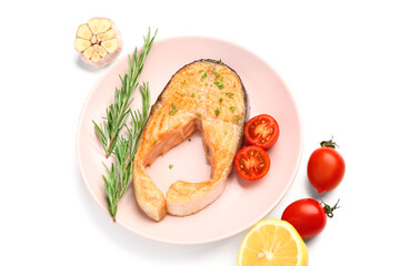 Plate of tasty fried salmon steak on white background