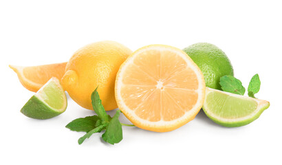 Fresh lemons and limes on white background