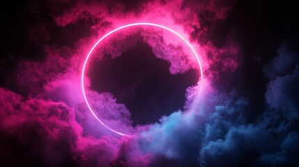 Fototapeta premium A swirling mix of pink and blue clouds with a glowing ring, set against a black background. The design has a simple, almost spiritual feel, perfect for a modern wallpaper.