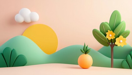 Design of cartoon landscape with sun, hills, tree and fruit.