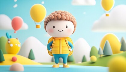 Obraz premium Cute cartoon boy with backpack in nature.