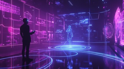 A futuristic VR setup with a person interacting with 3D virtual objects in a fully immersive space, surrounded by holographic interfaces