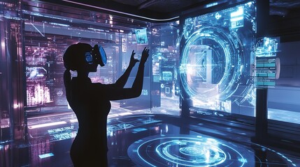 A futuristic VR setup with a person interacting with 3D virtual objects in a fully immersive space, surrounded by holographic interfaces