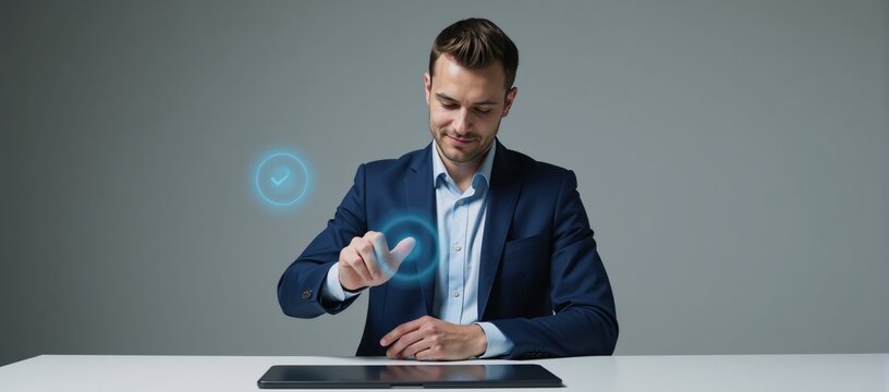 Businessman interacts with virtual compliance icon within a blue digital interface