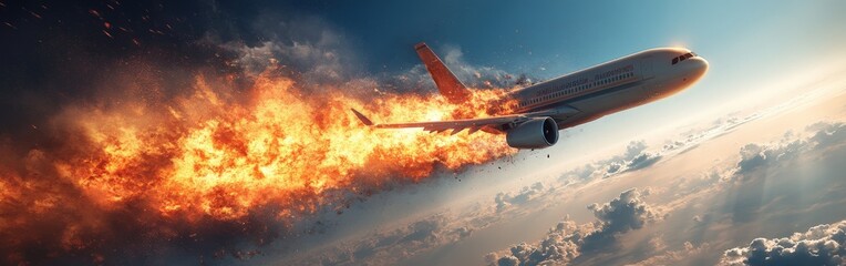 Commercial Airplane in Flight with Engine on Fire and Smoke Trail