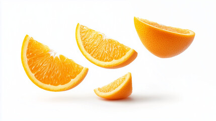 Slices of orange floating and falling in mid-air, isolated against a white background, capturing their vibrant color, freshness, and juicy texture in a dynamic motion.