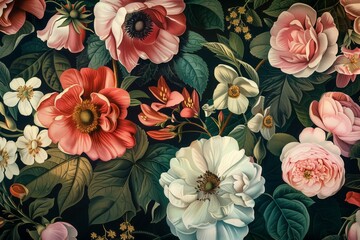 A floral print on a dark background