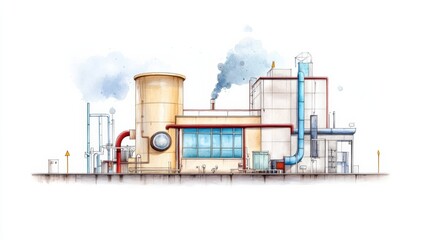 Industrial Factory Building with Smoke and Pipes