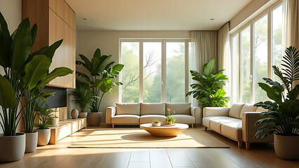 sunny clean living room interior background