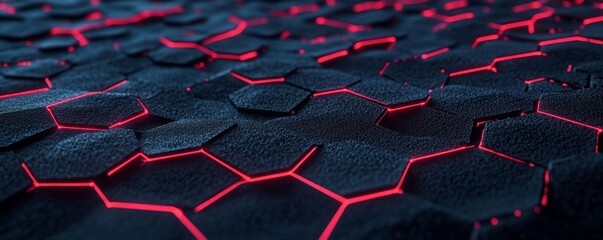 Fototapeta premium The modern luxury futuristic technology background is an abstract black grey metallic overlap red light hexagon mesh design.