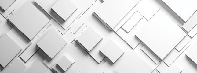 With copy space on the sides, random shifted white cube boxes form a background wallpaper banner