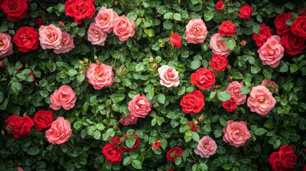 Fototapeta premium The background is made of colorful flowers. 3D render of a floral wallpaper with red roses.