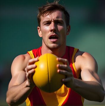 an australian rules football player closed-up catching the ball, perfect detailed hands and face