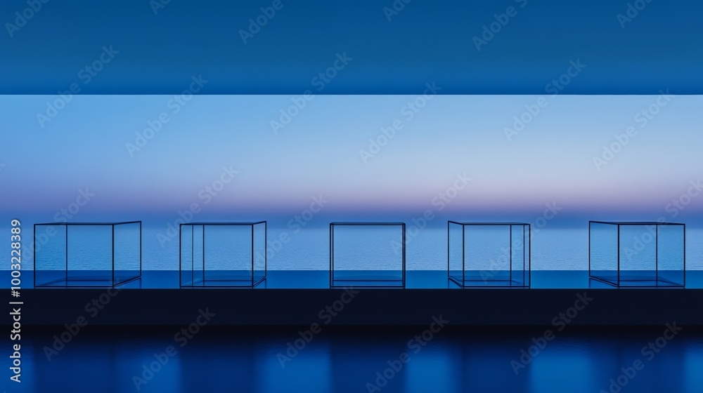 Poster three-dimensional rendering of translucent blocks on blue surfaces. visionary tech concept with spac