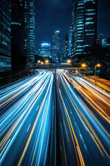 Fototapeta premium Dynamic long exposure shot of a bustling city street at night with bright light trails of vehicles and towering skyscrapers in the background.