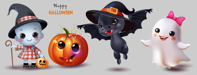 Set of cartoon characters for halloween.Ghost, pumpkin, bat and more.