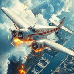 Obraz premium Airplane Emergency in Mid-Flight with Engine Fire and Smoke Trail