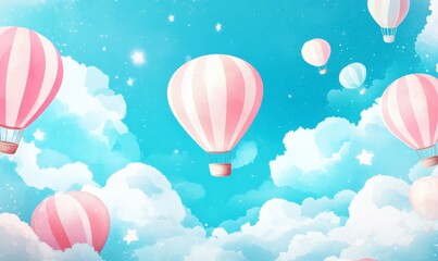 Fototapeta premium A seamless wallpaper with hot air balloons for a baby room. Patterned wall paper in blue and beige pastel colors with clouds, rainbows, and mountains.