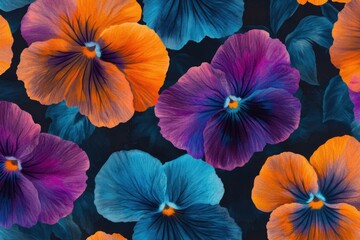 Hand-painted, vibrant pansies in orange, blue, and purple against a dark background pattern with a mix of colors, creating an elegant floral design on fabric or textile material Generative AI