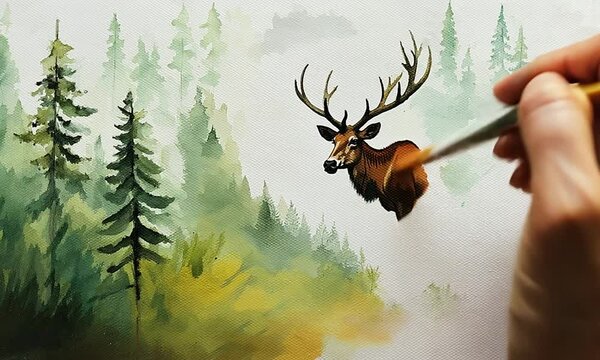 An illustrator painting a detailed wildlife scene with watercolor paints, highlighting textures and details